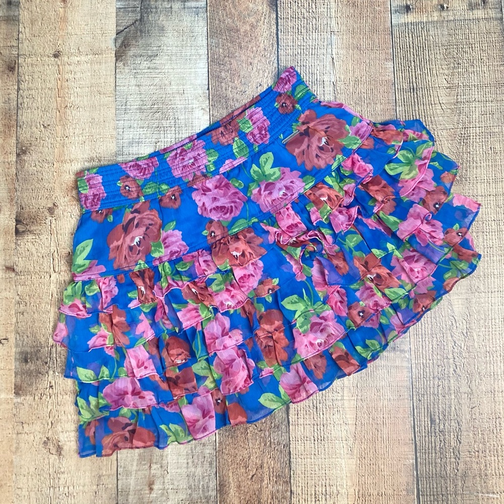 Y2K Abercrombie & Fitch Blue Floral Tiered Ruffle Smocked Mini Skirt Large